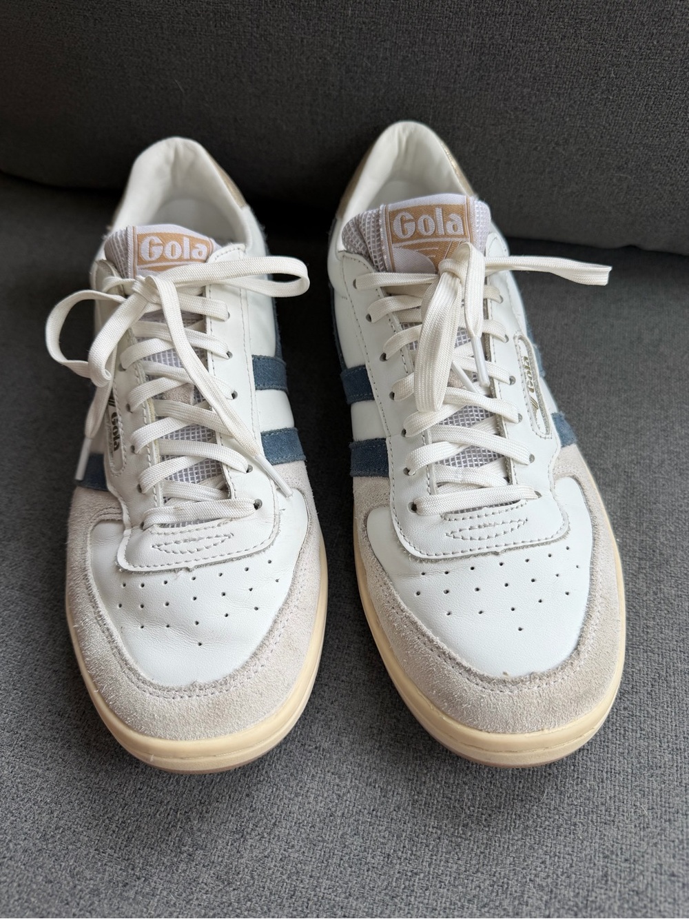 Gola Woman’s White Sneakers with Slate Stripes and Gold Accents